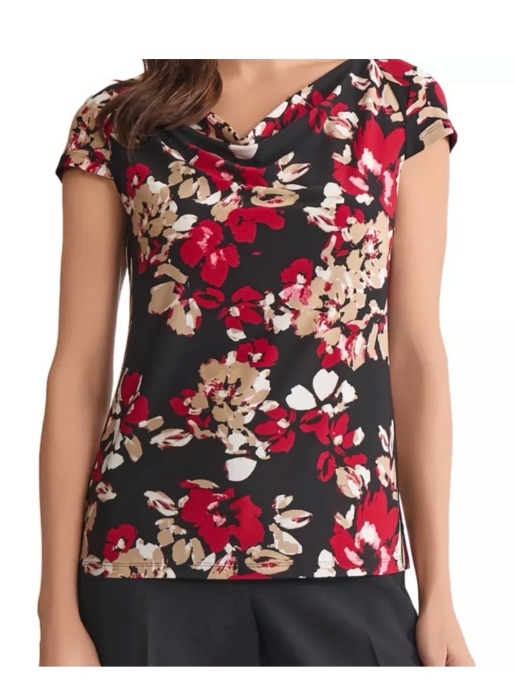 Kasper Women's Plus Size 1x & 3x Black & Red Print Cap Sleeve Cowl Neck Knit Top
